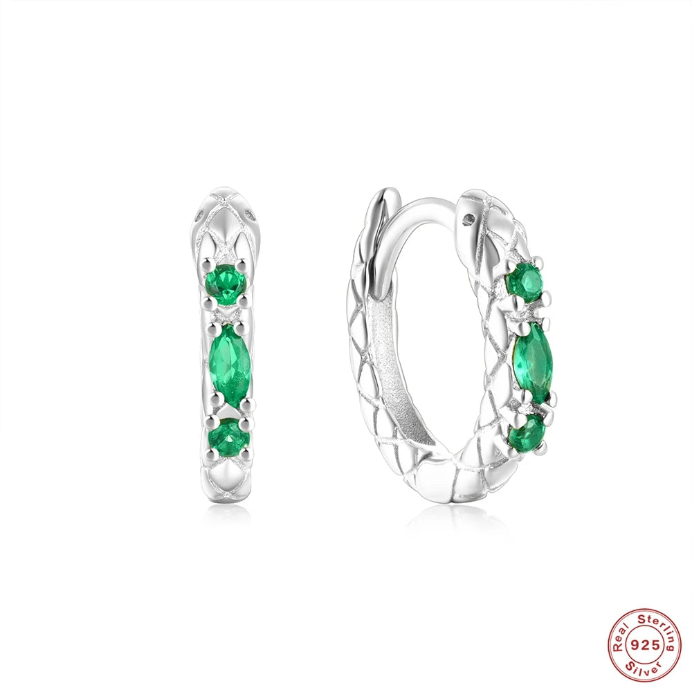 925 Silver Snake Earrings Green Zircon Hoops Vintage Gift