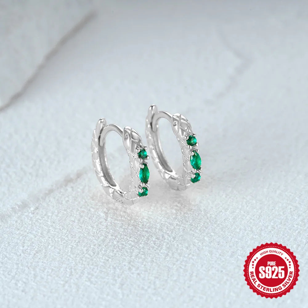 925 Silver Snake Earrings Green Zircon Hoops Vintage Gift