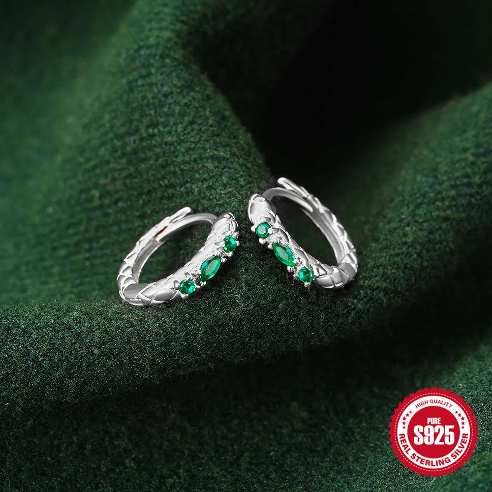 925 Silver Snake Earrings Green Zircon Hoops Vintage Gift