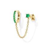 925 Silver Green Zircon Huggie Earring Double Piercing Chain Stud