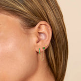 925 Silver Green Zircon Huggie Earring Double Piercing Chain Stud