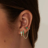 925 Silver Green Zircon Huggie Earring Double Piercing Chain Stud