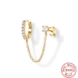 925 Silver Green Zircon Huggie Earring Double Piercing Chain Stud