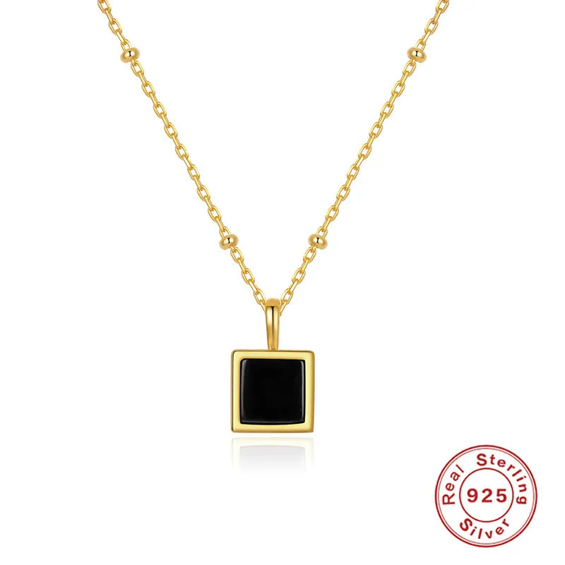 925 Silver Pendant Necklace Square Stone 18k Plated Women's Collier