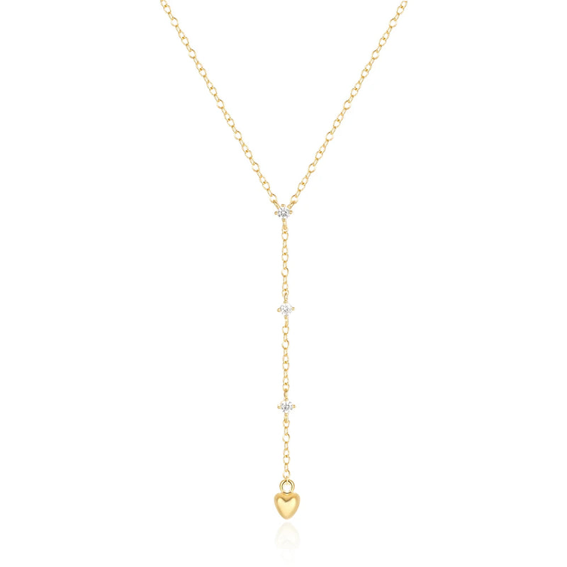 925 Silver Long Chain Necklace Love Heart Pendant Y Shaped Dainty Choker