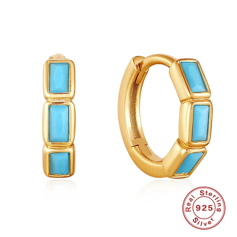 925 Silver Turquoise Hoop Huggie Earrings 18K Gold Original Jewelry Set