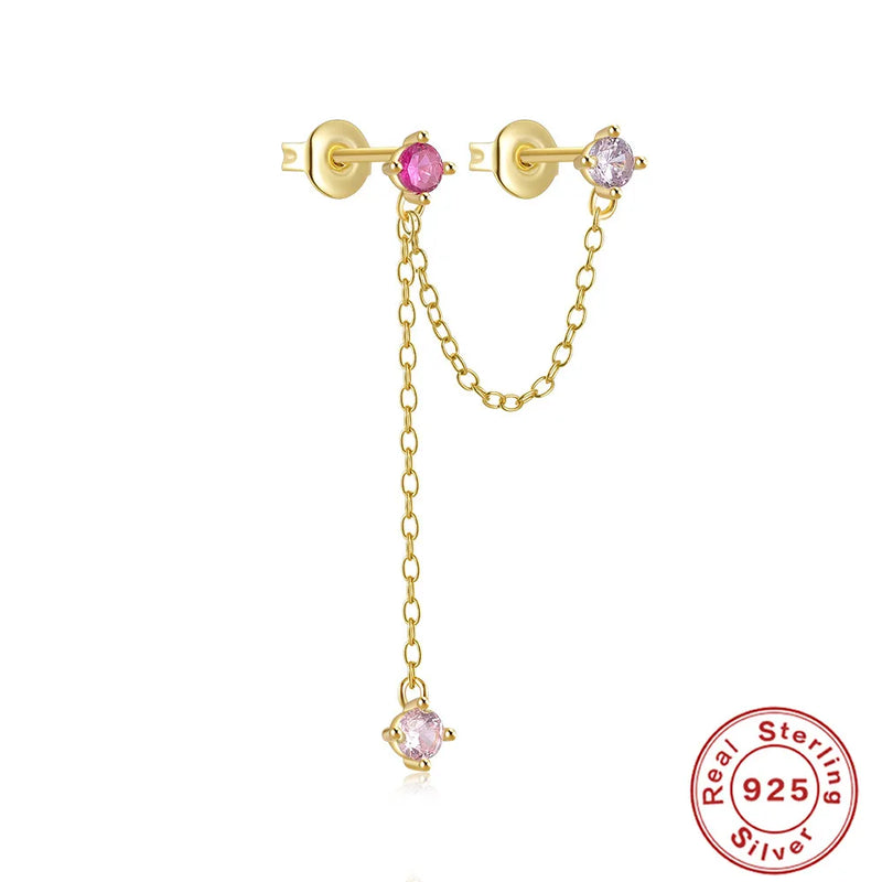 S925 Double Pierced Chains Tassel Diamond Stud Earrings
