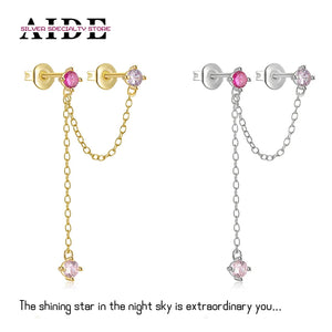 S925 Double Pierced Chains Tassel Diamond Stud Earrings