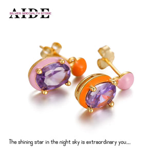 S925 Silver Purple Zircon Asymmetric Enamel Stud Earrings