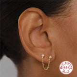 S925 Sterling Silver Tassel Chain CZ Pearl Ear Stud Earring