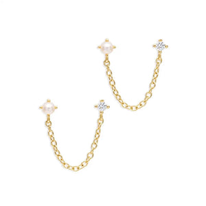 S925 Sterling Silver Tassel Chain CZ Pearl Ear Stud Earring