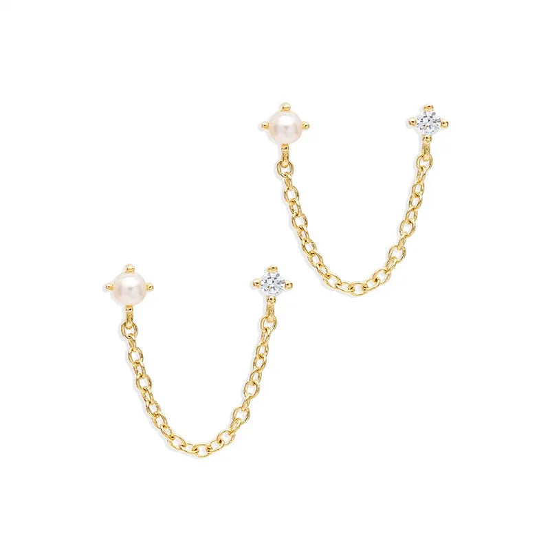 S925 Sterling Silver Tassel Chain CZ Pearl Ear Stud Earring