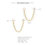 S925 Sterling Silver Tassel Chain CZ Pearl Ear Stud Earring