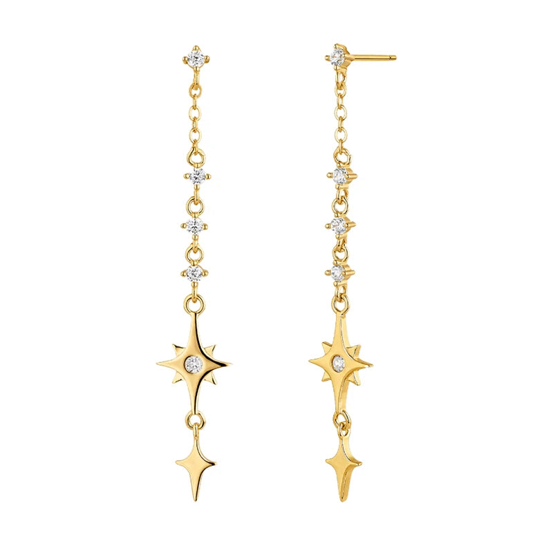 925 Silver Tassel Star Dangle Earrings 18K Plated