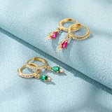 S925 Silver Rose Green Water Drop Zircon Hoop Earrings For Women