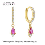 S925 Silver Rose Green Water Drop Zircon Hoop Earrings For Women