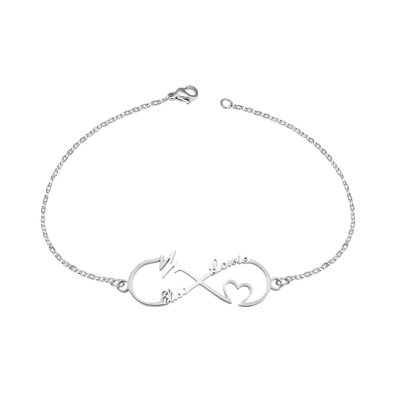 Infinity Double Name Bracelet Heart Charm Bangle Wedding Jewelry