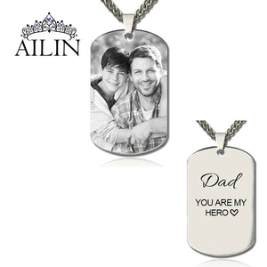 Men's Stainless Steel Photo Necklace Engraving Dog Tags Chain