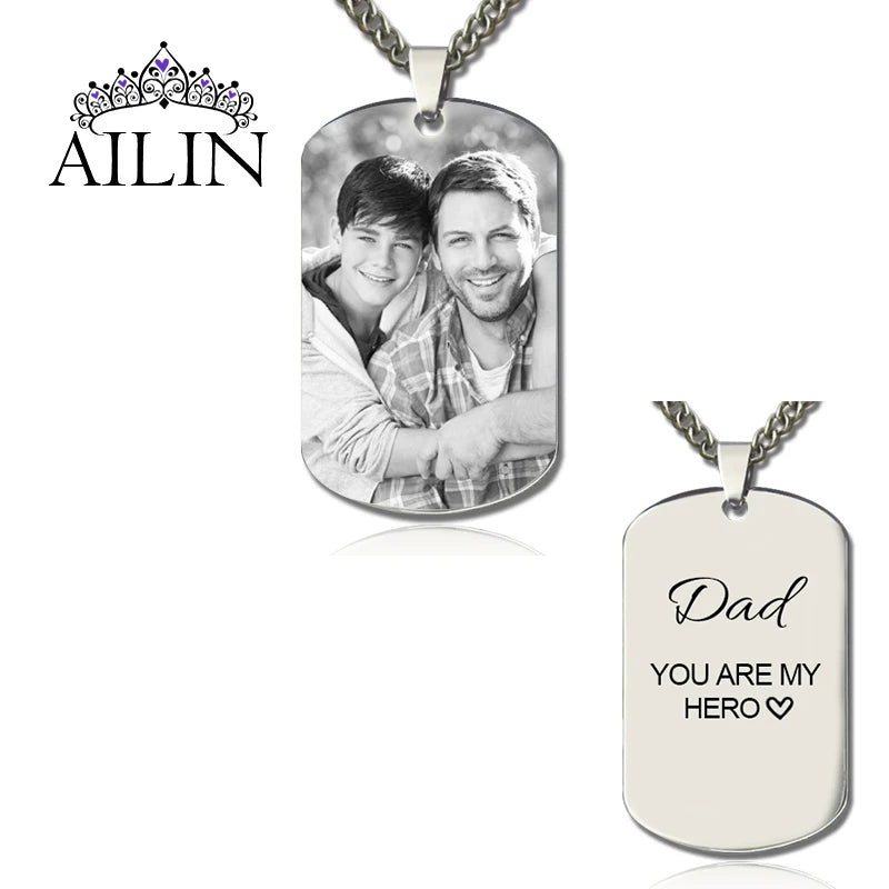 Men's Stainless Steel Photo Necklace Engraving Dog Tags Chain