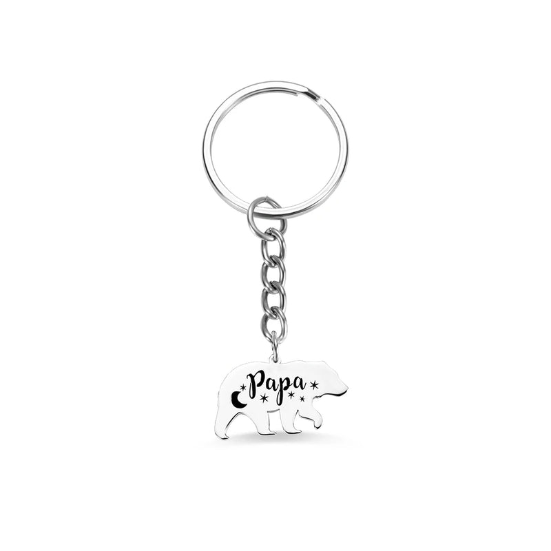 Family Name Keychain Stainless Steel Papa Bear Charm Key Ring Gift