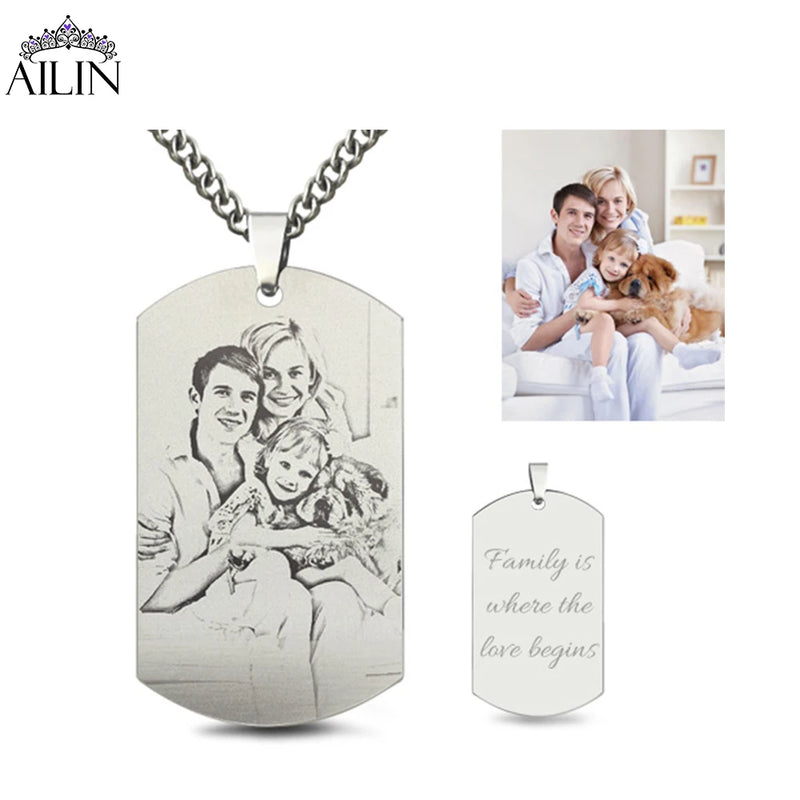 Men's Stainless Steel Photo Necklace Engraving Fathers Jewelry