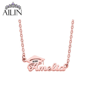 Personalized Stainless Steel Bachelor Cap Name Necklace Graduation Gift