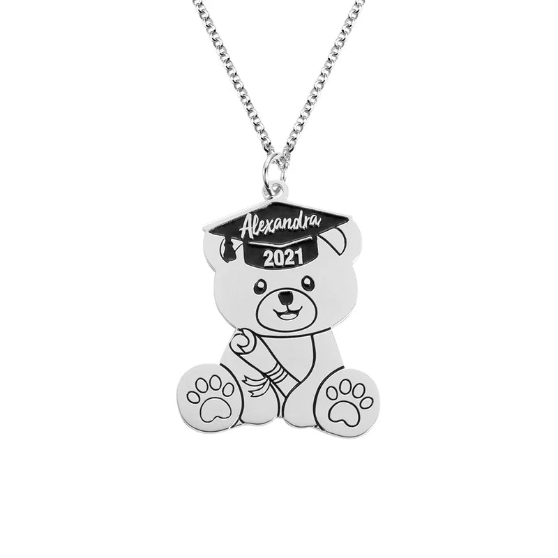 Personalized Stainless Steel Engraved Bear Graduation Pendant Necklace