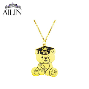 Personalized Stainless Steel Engraved Bear Graduation Pendant Necklace