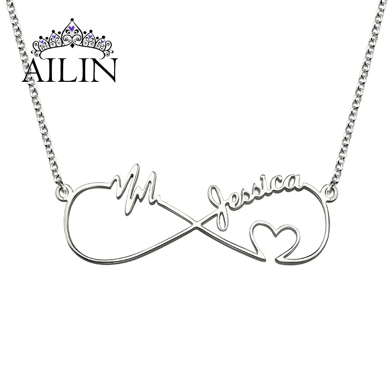 Personalized Infinity Necklace Name Pendant Heart Heartbeat Nameplate Jewelry
