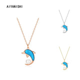 925 Silver Dolphin Shell Pearl Pendant Necklace Women Engagement