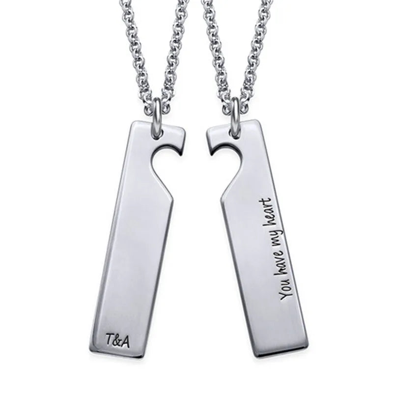 Engraved Name Bar Necklace Heart Pendant for Women Men