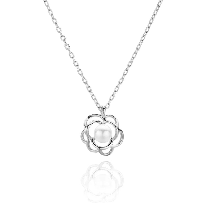 925 Silver Flower Shell Pearl Pendant Necklace Women Engagement Jewelry