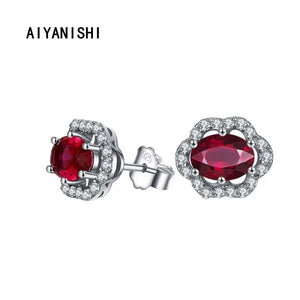 925 Silver Oval Red Stud Earrings Wedding Engagement Party
