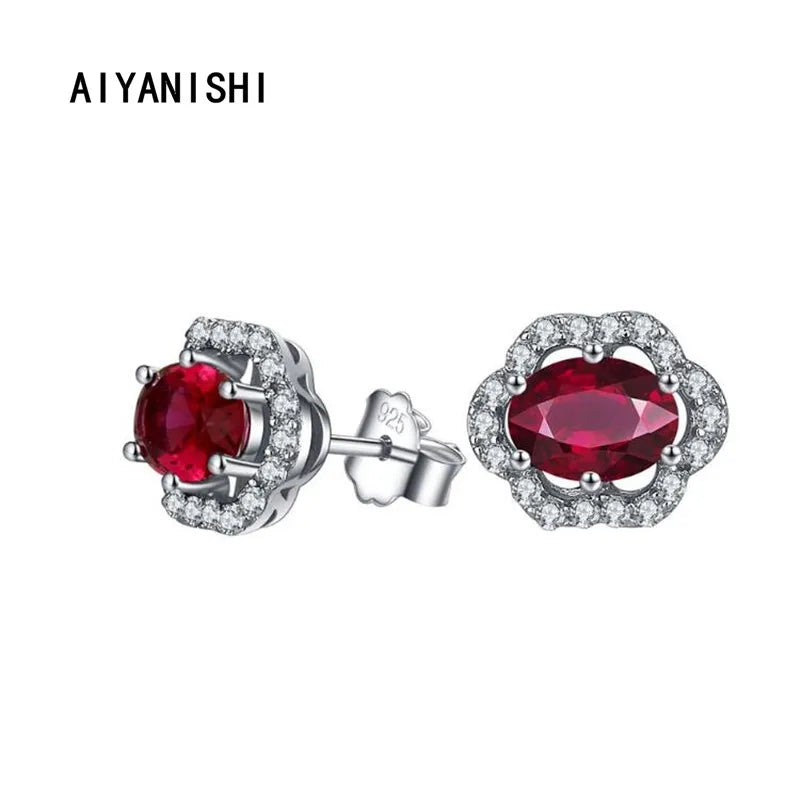 925 Silver Oval Red Stud Earrings Wedding Engagement Party