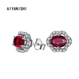 925 Silver Oval Red Stud Earrings Wedding Engagement Party