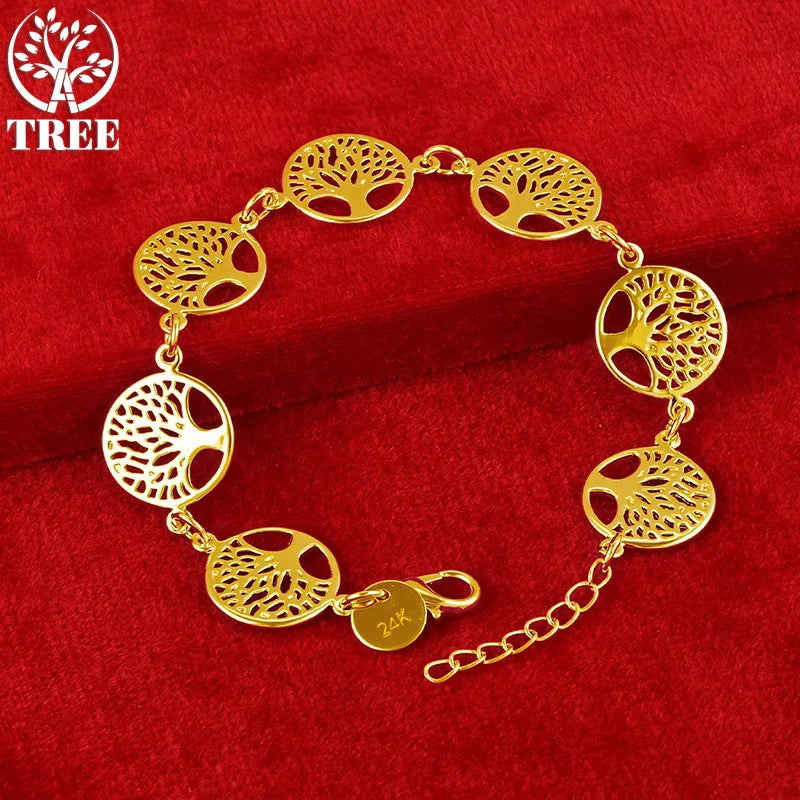 24K Yellow Circular Tree Link Bracelet for Woman Party Wedding