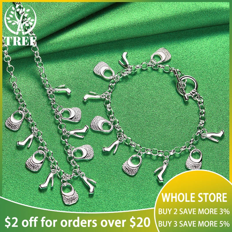 925 Silver Woman Bag/High Heels Pendant Necklace Set