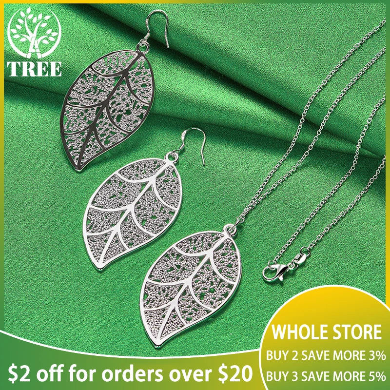 925 Sterling Silver Jewelry Set For Women Large Leaf Pendant Necklace Earring