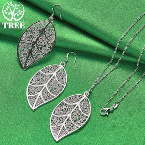 925 Sterling Silver Jewelry Set For Women Large Leaf Pendant Necklace Earring