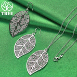925 Sterling Silver Jewelry Set For Women Large Leaf Pendant Necklace Earring