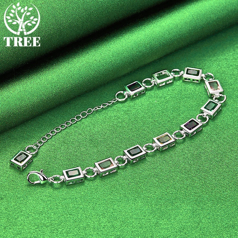 925 Silver Square Zircon Crystal Bracelet, Colored, Party Jewelry