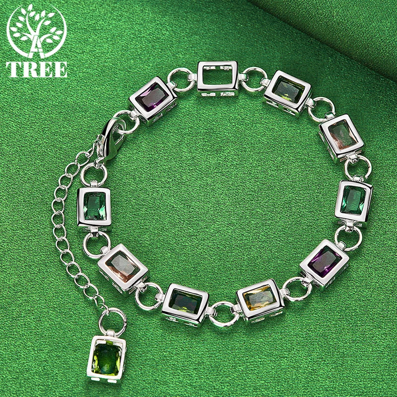 925 Silver Square Zircon Crystal Bracelet, Colored, Party Jewelry
