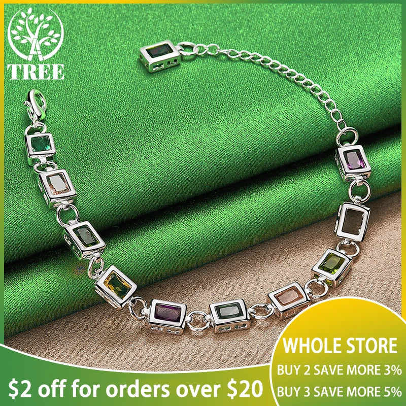 925 Silver Square Zircon Crystal Bracelet, Colored, Party Jewelry