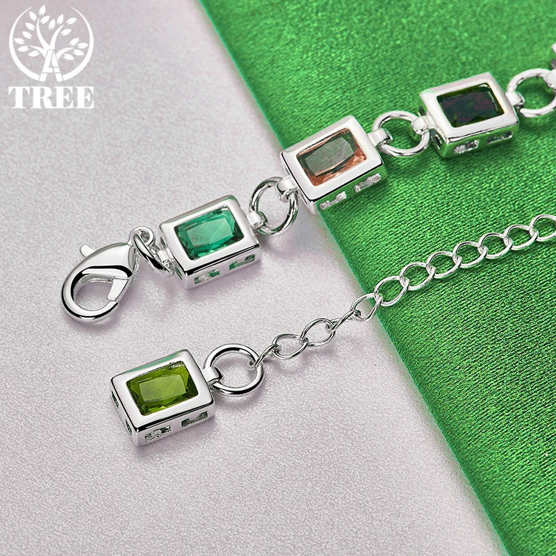 925 Silver Square Zircon Crystal Bracelet, Colored, Party Jewelry