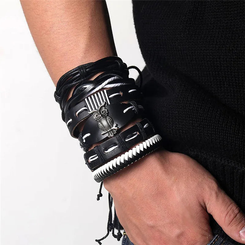 Vintage Charm Leather Bracelet Set Punk Wristbands Bangle