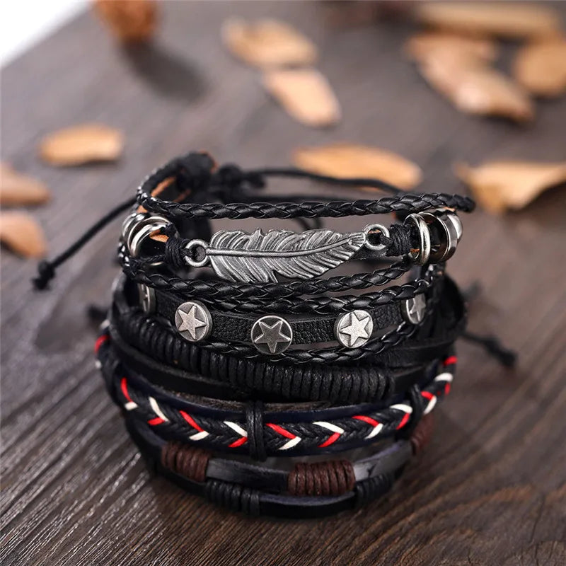 Vintage Charm Leather Bracelet Set Punk Wristbands Bangle