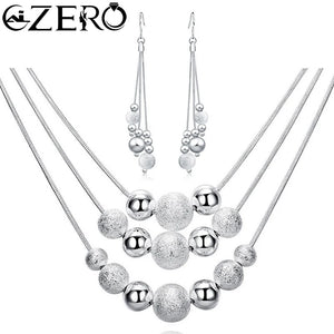 925 Silver 18" Frosted Beads Pendant Earrings Necklace Set