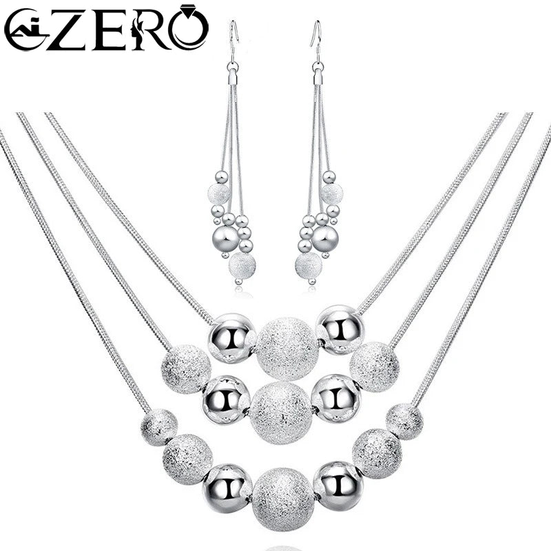 925 Silver 18" Frosted Beads Pendant Earrings Necklace Set