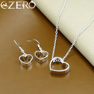 925 Silver Heart Pendant Necklace Earrings Set Wedding Engagement Party Jewelry