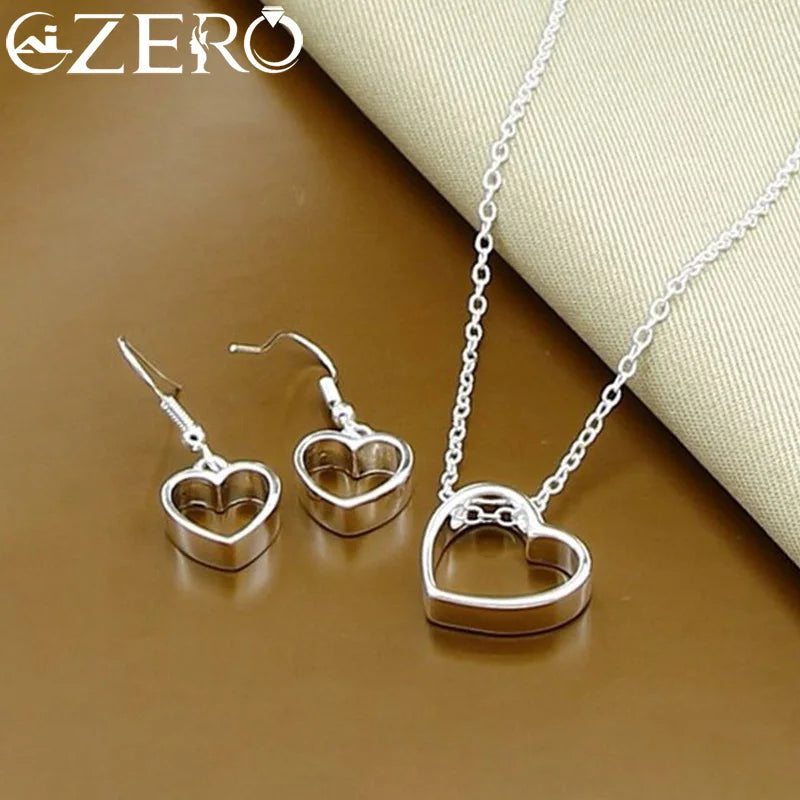 925 Silver Heart Pendant Necklace Earrings Set Wedding Engagement Party Jewelry